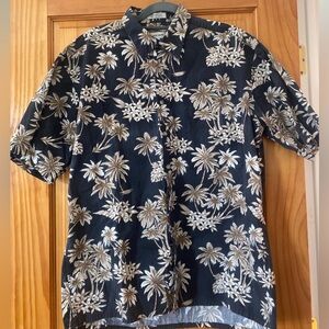 Pierre Cardin Hawaiian Shirt Palm Print Black Tan Mens L Button Down Cotton